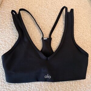 ALO Yoga Black Ribbed V-Neck Racerback Sports Bra